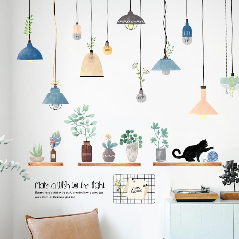 Decal dán tường Dây đèn thả và kệ cây