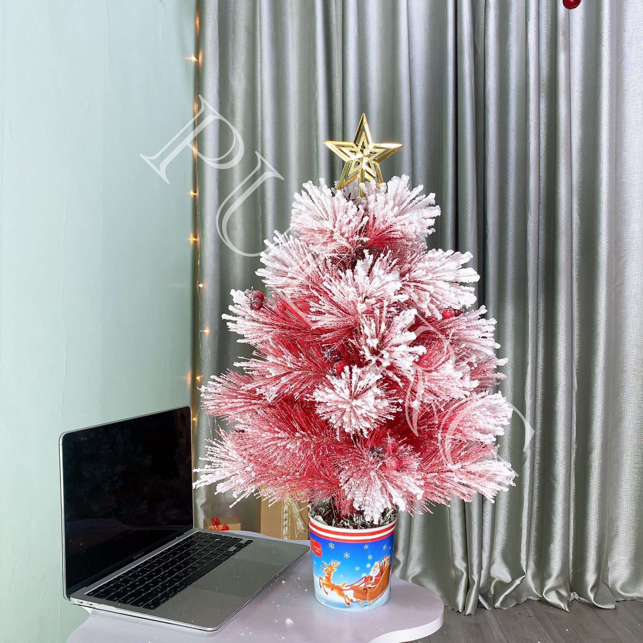 Cây thông noel mini để bàn 60CM CƯỚC MÀU ĐỎ PHỦ TUYẾT trang trí decor giáng sinh LP-HN60R1-D-18