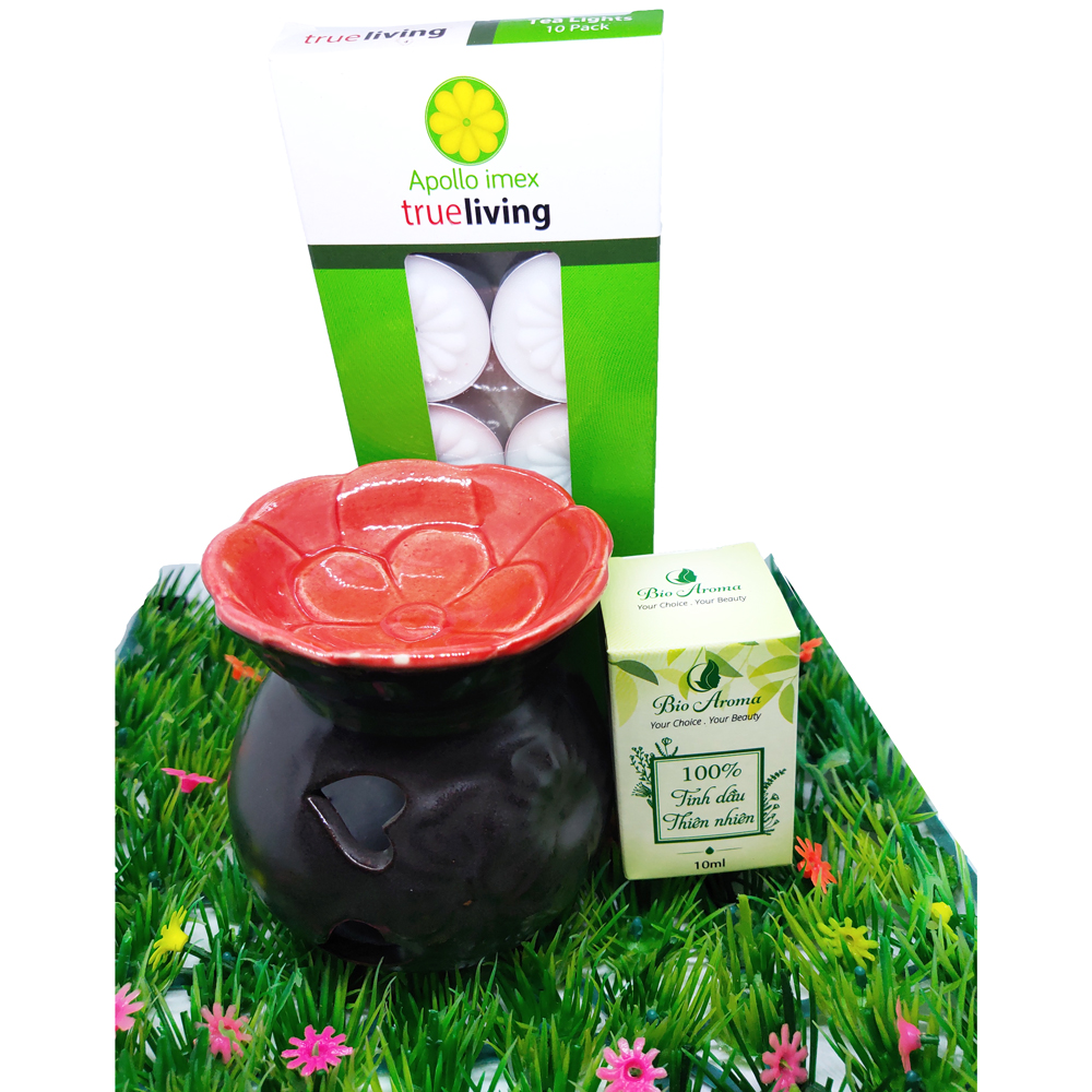 Combo đèn xông tinh dầu nến hoa mai + tinh dầu sả chanh 10ml Bio Aroma tặng kèm 10 viên nến tealight (đèn giao màu ngẫu nhiên)