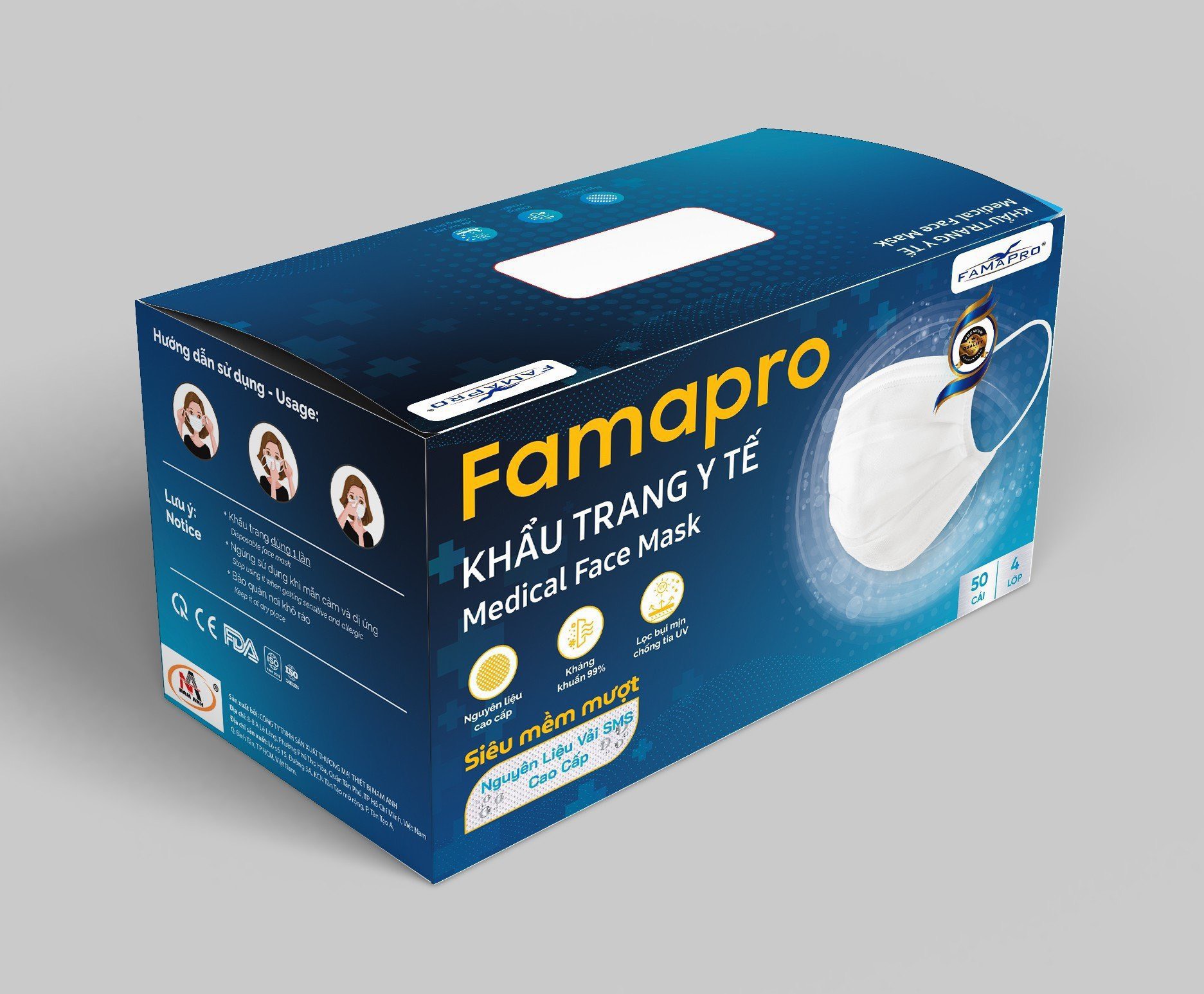 [FAMAPRO - HỘP 50 CÁI] Khẩu trang y tế kháng khuẩn Famapro Vải SMS Siêu mềm mượt