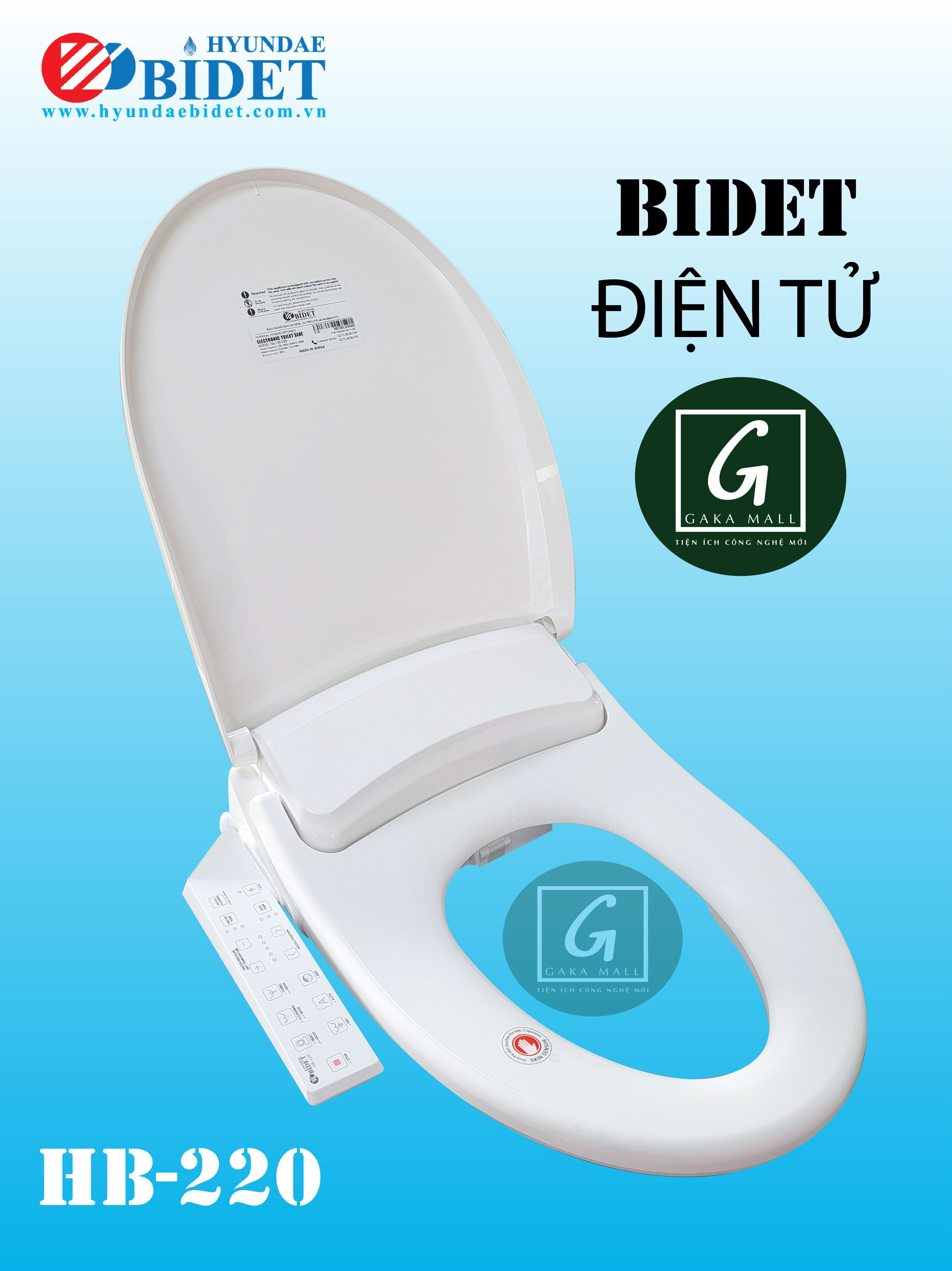 Nắp Rửa Bồn Cầu Điện Tử Thông Minh Hyundae Bidet HB220 Nhập Khẩu Hàn Quốc, BH 2 Năm Chống Nước IPX5, Sưởi Bệt Sấy Khô