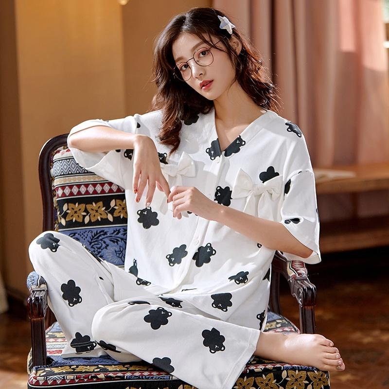 Bộ Pijama nữ cộc tay quần dài họa tiết phối trắng đen độc đáo, chất cotton 100% mềm thoáng