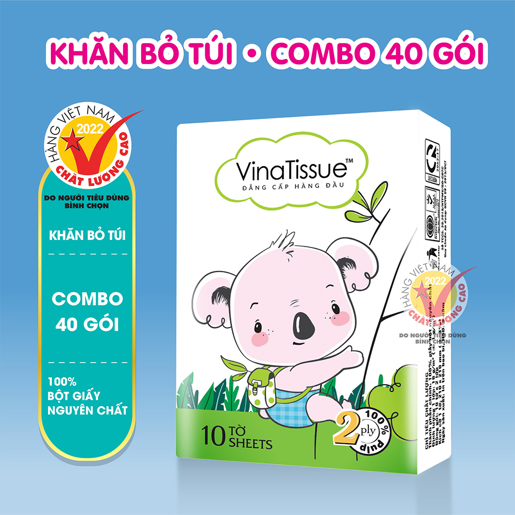 [COMBO 40 GÓI] Khăn giấy bỏ túi đa năng Premier VinaTissue 2 lớp 100% bột giấy nguyên sinh, không chất tẩy gói 10 tờ