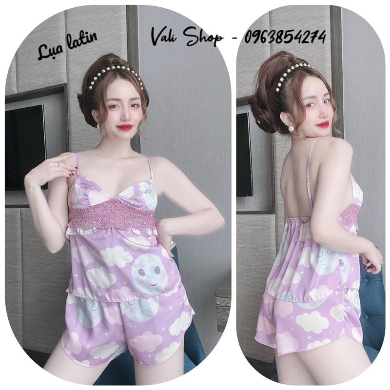 Đồ ngủ lụa latin 2 dây phối ren sexy hoạ tiết freesize 42-57kg