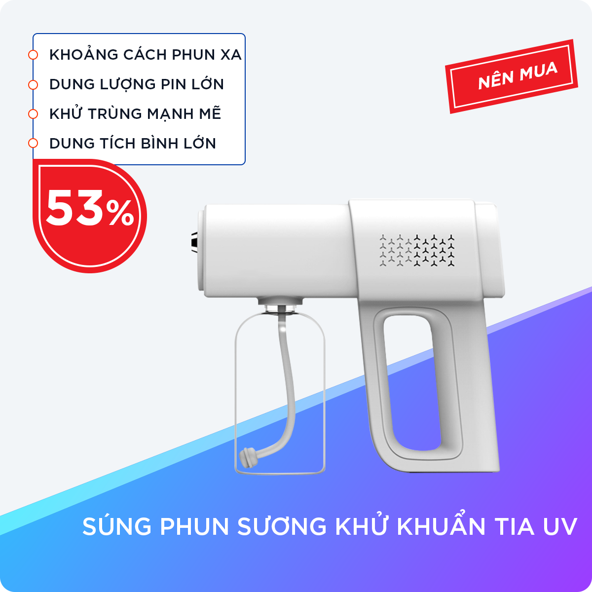 Máy Phun Khử Trùng Cảm Ứng Cầm Tay Tiêu Diệt 99% Vi Khuẩn Bằng Tia Cực Tím Với 3 Chế Độ Phun Khác Nhau, Xịt Khuẩn Nhà Cửa, Văn Phòng, Xe Ô Tô