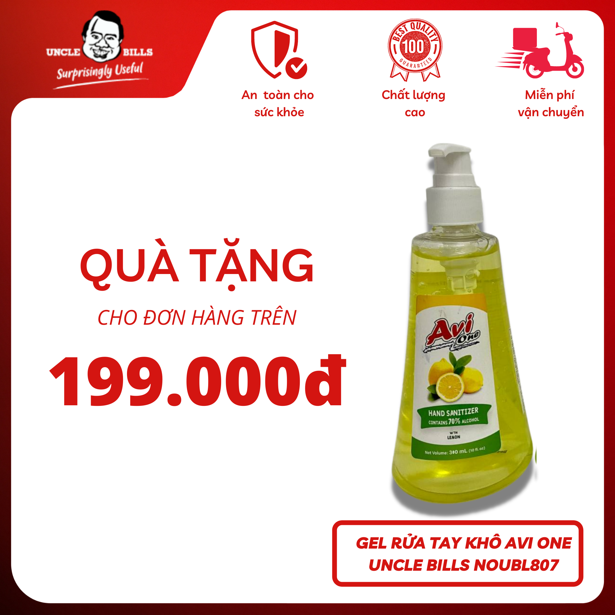 Nước Rửa Tay Khô 300ml Avi One Chứa Đến 70% Diệt Khuẩn Hương Chanh, Dâu, Trà Xanh Diệt Khuẩn Nhanh Bảo Vệ Sức Khỏe Uncle Bills NOUBL807