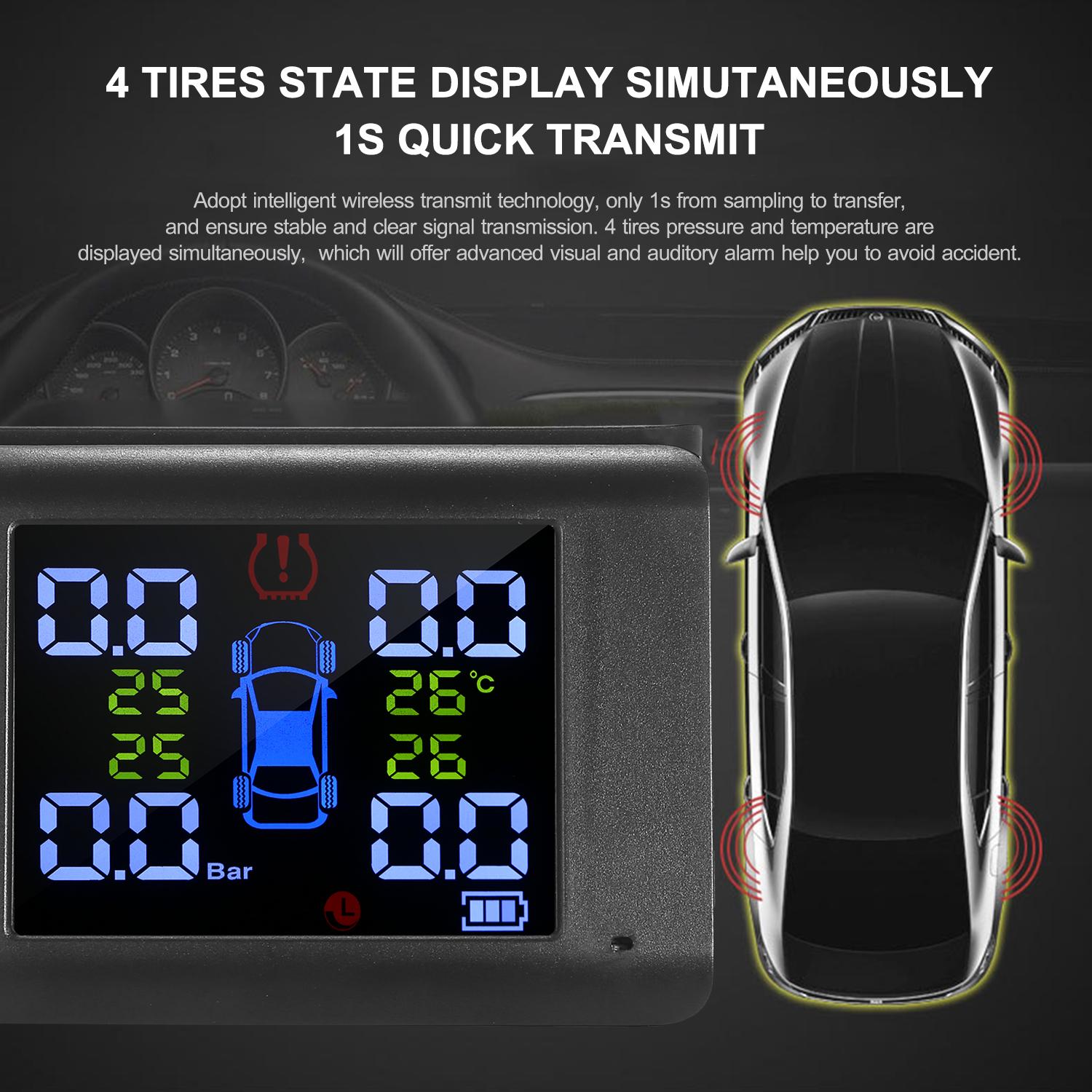 Tire Pressure Monitoring System Solar Charge 7 Alarm Modes Full-Color Screen Foldable Design with 4 External Tmps Sensor