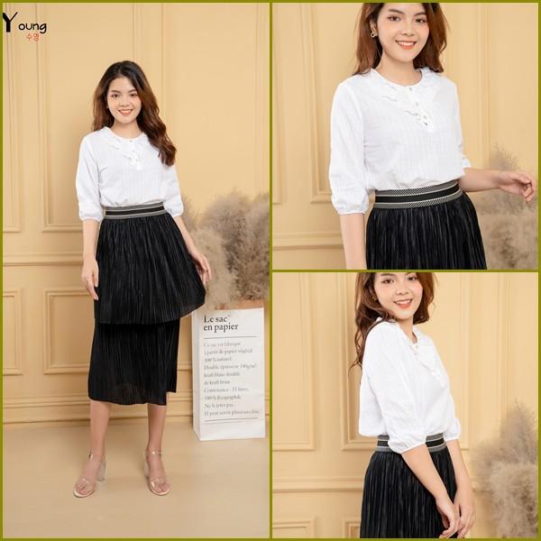 Áo sơ mi nữ bèo cổ 2 lớp- tay lỡ- Sooyoung- chất liệu thô boid thấm hút mồ hôi