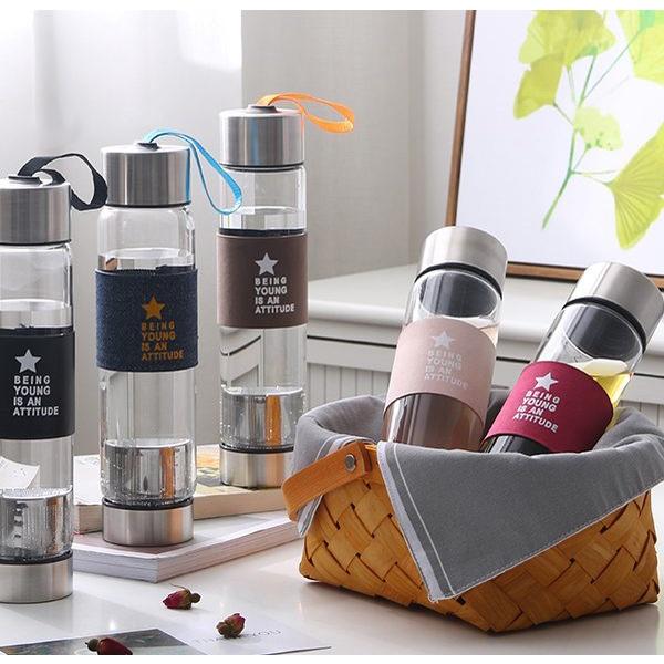 Bình pha trà thủy tinh có lưới lọc 450ml - Chai pha trà có lưới lọc cặn cách nhiệt kèm dây treo