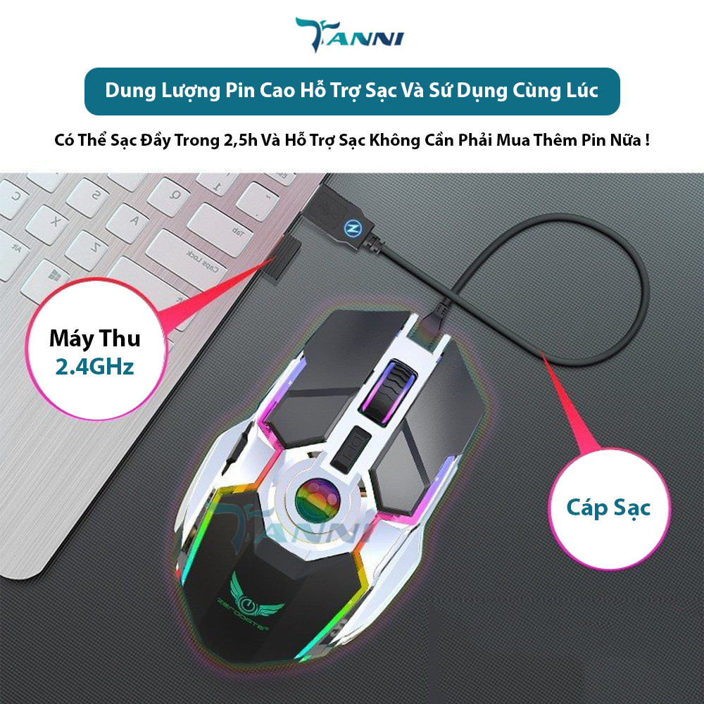 Chuột Gaming Không Dây TANNI GH1 Đèn LED 7 Màu Tích Hợp Bật Tắt Click Chống Ồn , Chuột Không Dây Pin Sạc Hàng Nhẩu