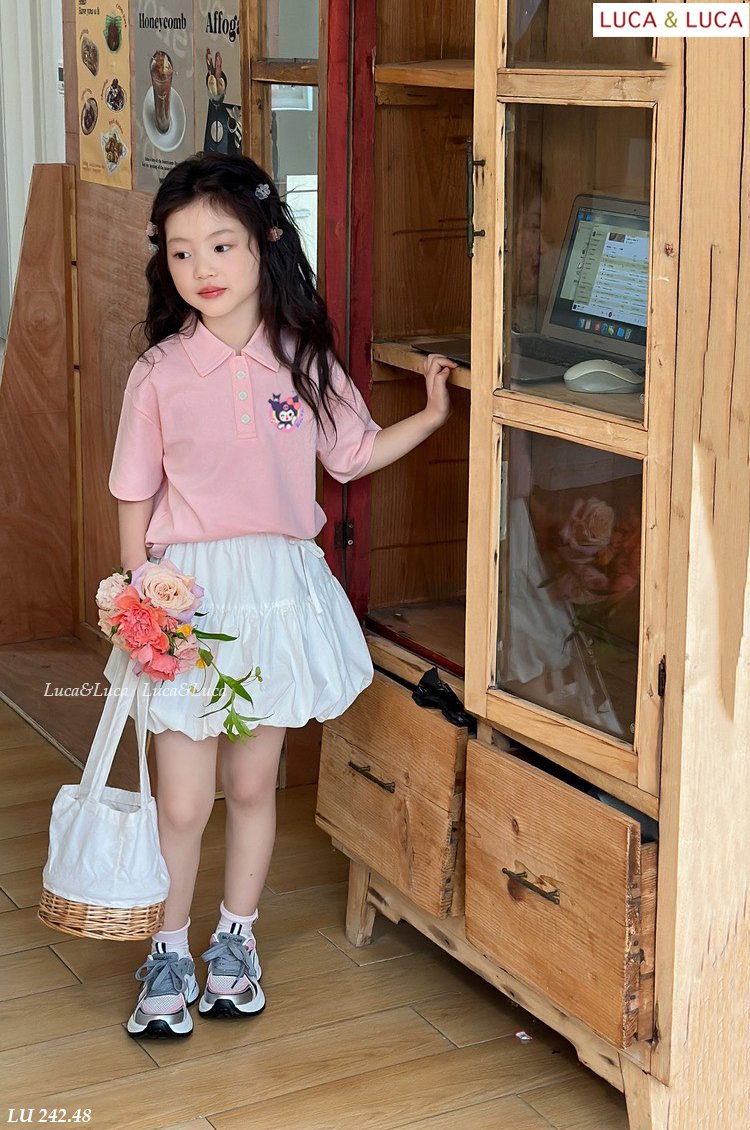 [Từ 1 đến 12 tuổi] Sét áo polo cotton hồng in  mix chân váy boom chất cotton bé gái đến 45kg