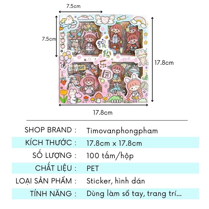 Set 100 sticker cute trang trí sổ tay cô gái 7,5cm x 7,5cm PET chống nước ST32