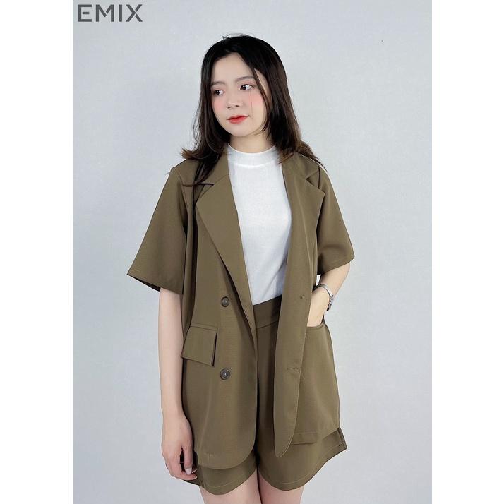 Set vest cộc tay EMIX (màu nâu), áo blazer cộc tay, quần short cạp cao, form rộng, có cúc, chất trượt hàn 109