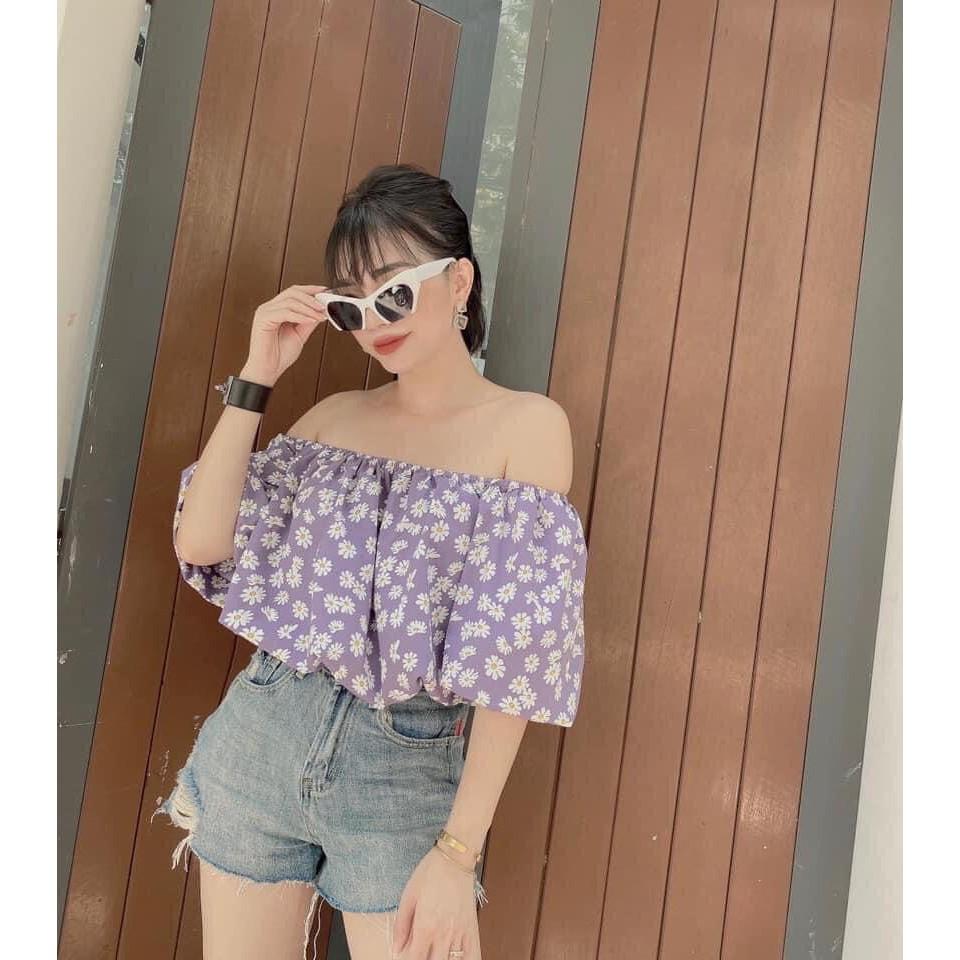 Áo Trễ Vai Tay Bồng Hoa Cúc 3 Màu Như Hình