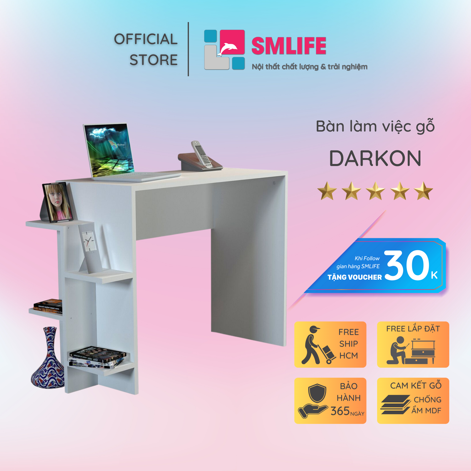 Bàn làm việc, bàn học gỗ hiện đại SMLIFE Darkon | Gỗ MDF dày 17mm chống ẩm | D105xR40xC75cm