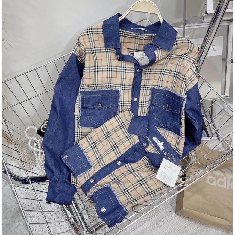 Áo sơ mi BIGSIZE dài tay ,áo sơ mi kẻ phối jean siêu cá tính có túi trước ngực &lt;90kg