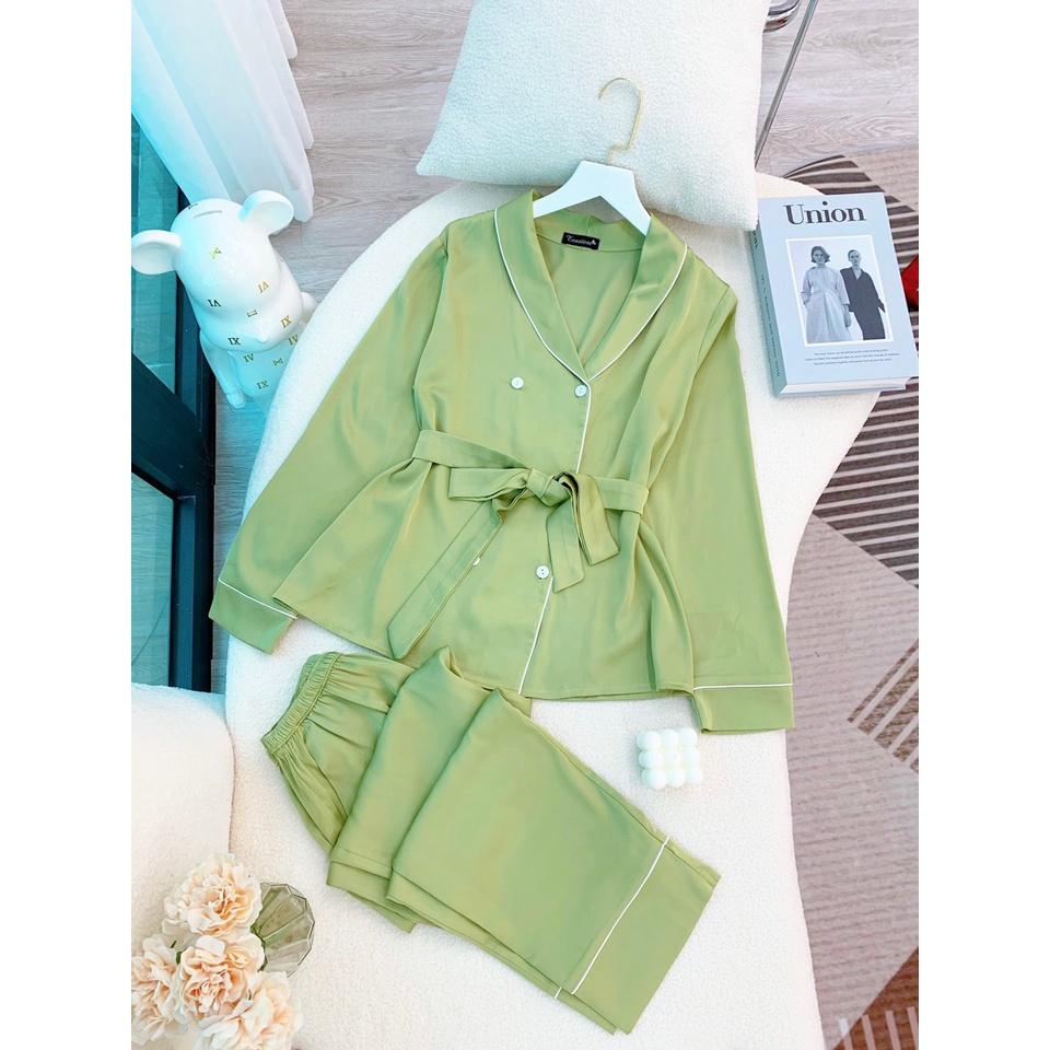 Bộ mặc nhà Pyjama lụa cao cấp Tea Store cổ sam tay dài màu Xanh Bơ siêu sang