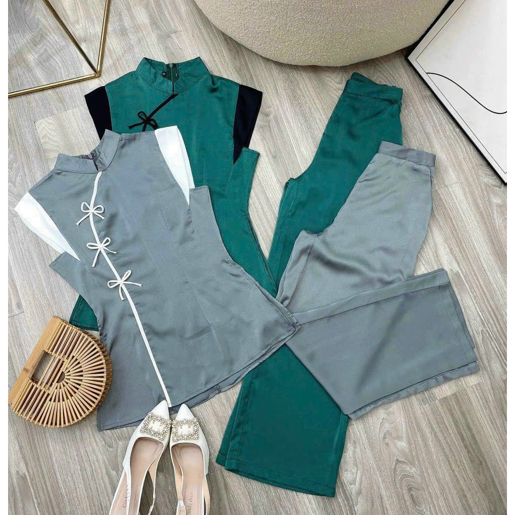 SÉT BÀ BA CỔ TÀU PHỐI TAY 2 MÀU Y HÌNH