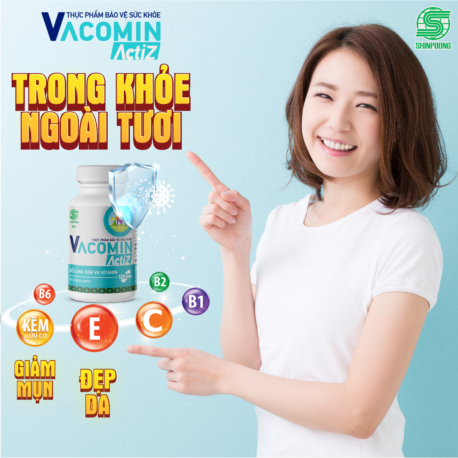 Thực Phẩm Bảo Vệ Sức Khỏe bổ sung vitamin tổng hợp, vitamin nhóm B, E, C và Kẽm hữu cơ Shinpoong Vacomin ActiZ - Hộp 60 viên