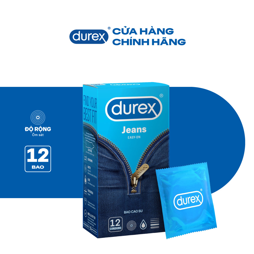 [MỚI] Bao cao su Durex Jeans cơ bản, bôi trơn, size 52.5mm, hộp 12 bao