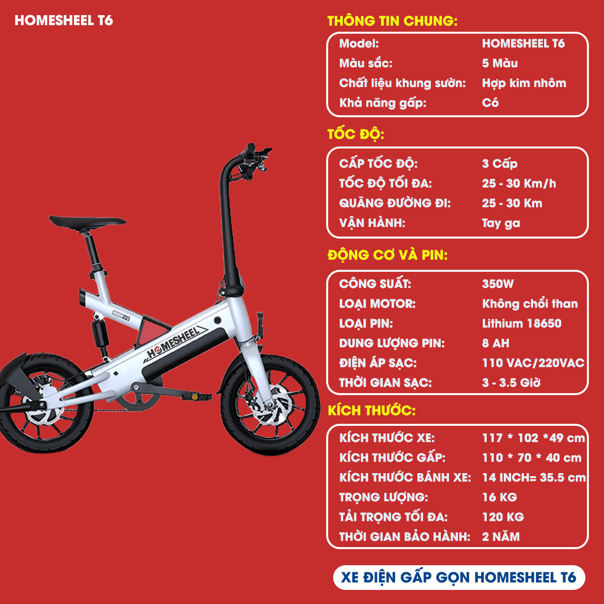 Xe điện gấp gọn trợ lực thông minh Homesheel T6 phiên bản mới nhất
