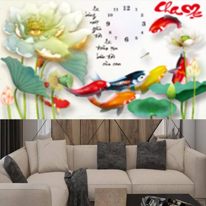 Tranh thêu cha mẹ cá hoa sen trắng 223176 - kích thước: 76 * 51cm.