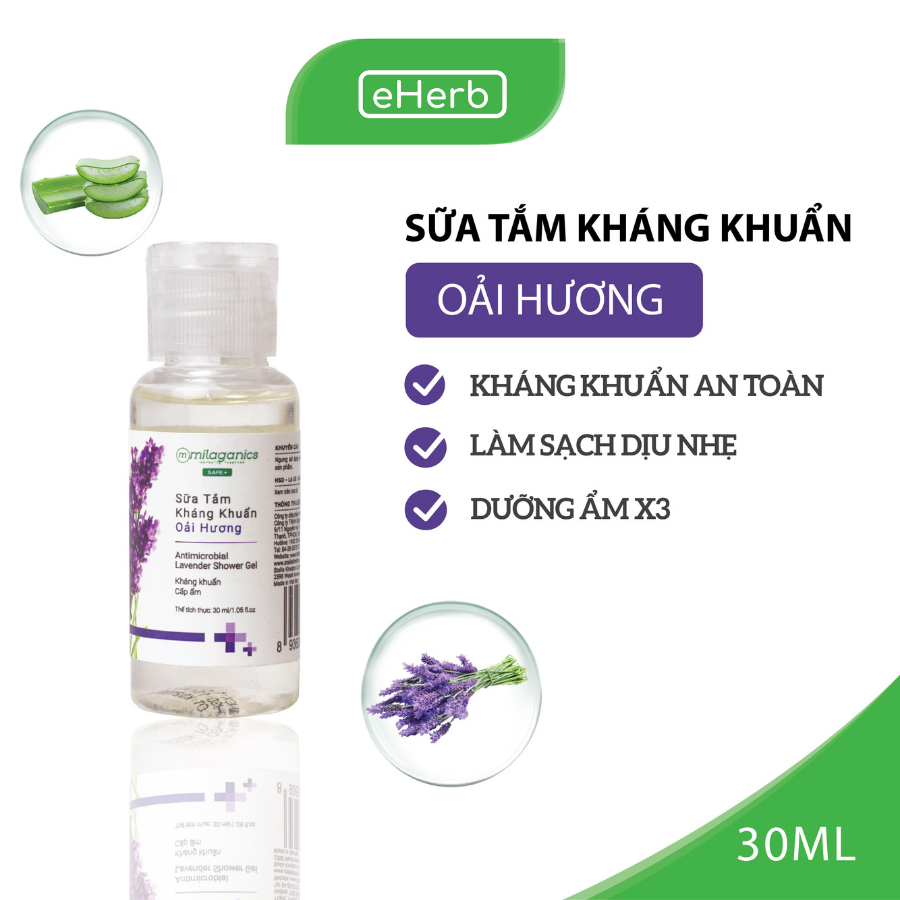 Sữa Tắm Tinh Dầu Oải Hương Kháng Khuẩn, Loại Bỏ Tế Bào Chết, Cấp Ẩm, Tái Tạo Da MILAGANICS 30ml (Chai)