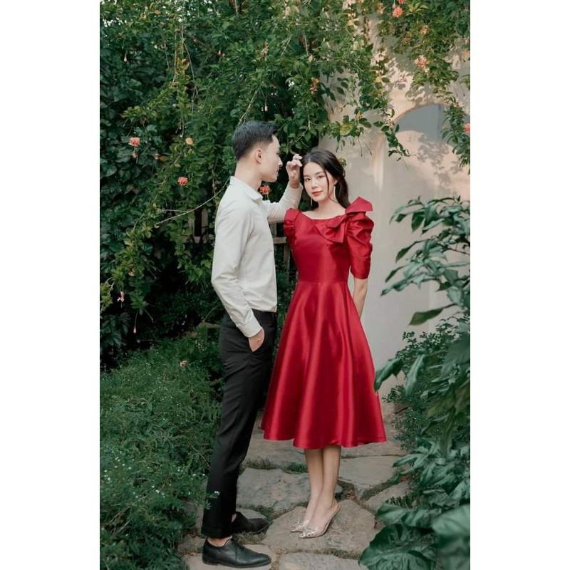 Đầm váy nữ xòe tay bồng phối nơ vai TKN