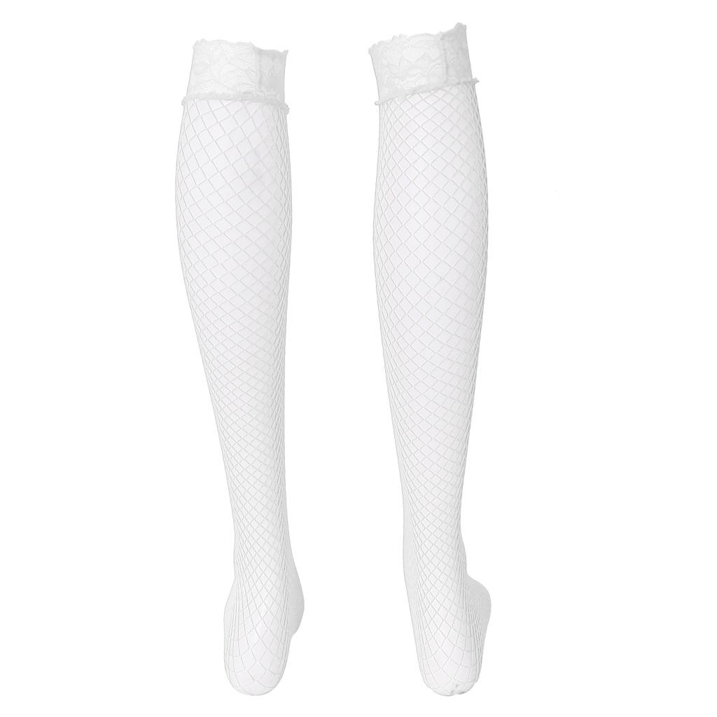 2xWomen Fishnet Lace Top Mesh High Thigh Stockings Long Socks White