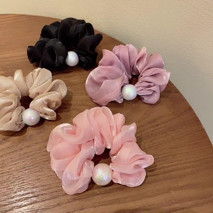 PK772 Scrunchies buộc tóc nhiều trơn màu, đính hạt; tông màu hoàng gia sang chảnh