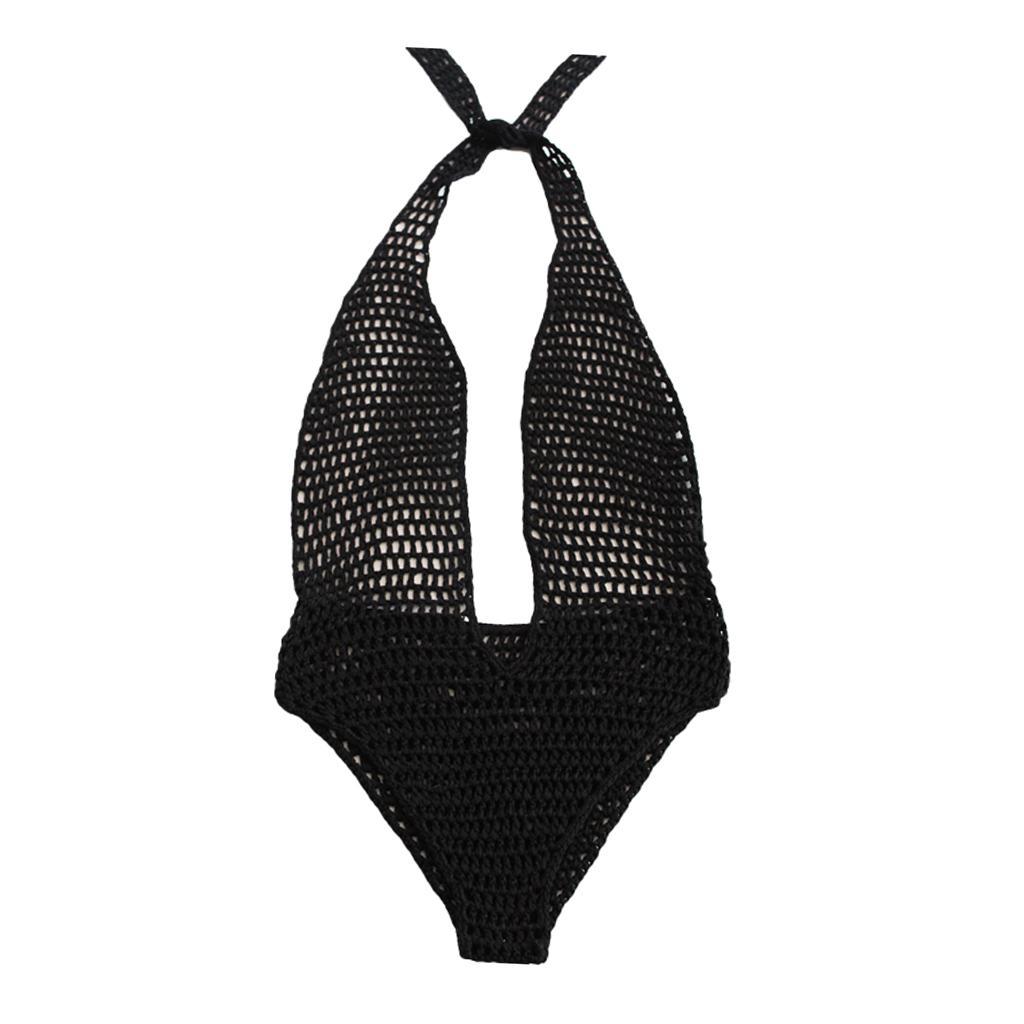 Fashion Women Ladies Black One Piece Crochet Knit Beach Bikini Monokini Swimwear Halter Deep V-neck Beachwear