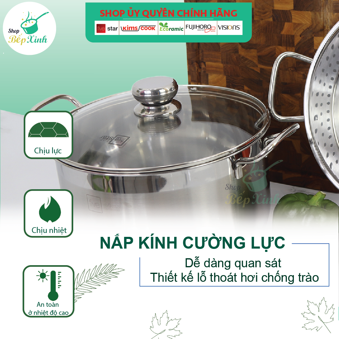 Bộ Nồi Xửng Hấp Inox 430 Bếp Từ 3 Đáy Nắp Kính Fivestar