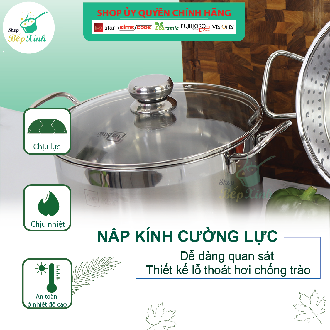 Bộ Nồi Xửng Hấp Inox 430 Bếp Từ 3 Đáy Nắp Kính Fivestar (26cm)