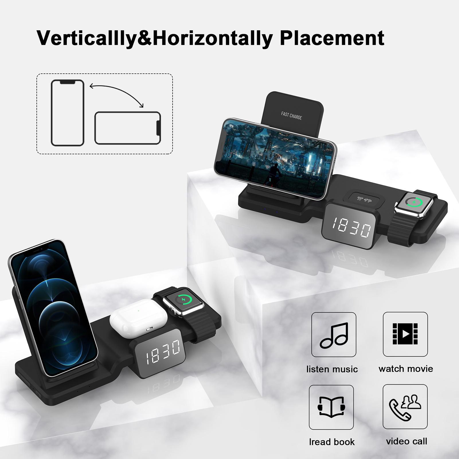 Đế sạc không dây 3 trong 1 có đồng hồ để sạc nhiều thiết bị Tương thích với điện thoại Android và iOS