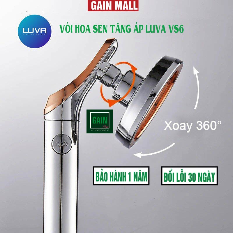 Combo vòi hoa sen tăng áp Luva VS6 kèm dây sen cao cấp chống xoắn, đường kính bát sen 11cm, Bật/Tắt trực tiếp trên vòi sen