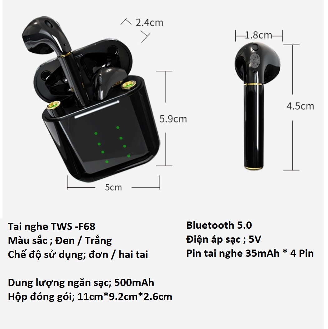 Tai nghe Bluetooth 5.0 TWS cảm ứng với chất lượng âm thanh Hifi , trợ lý giọng nói Siri, hỗ trợ cho mọi dòng máy IOS / Androi / Apple .