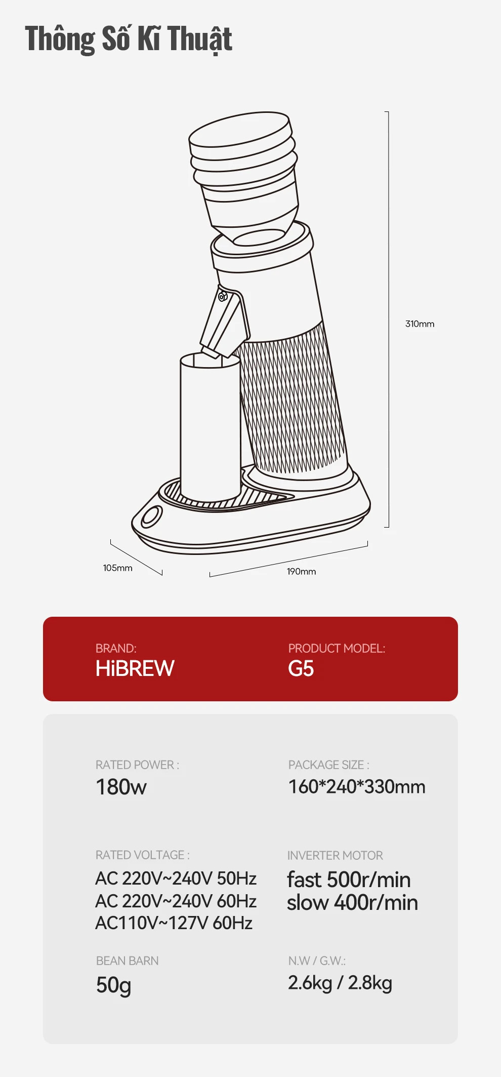 Máy xay cà phê Single Dose HiBREW G5 cao cấp, 36 cấp xay vô cấp lưỡi cornical burr 48mm chuyên nghiệp, xay cafe siêu mịn, hàng hính hãng