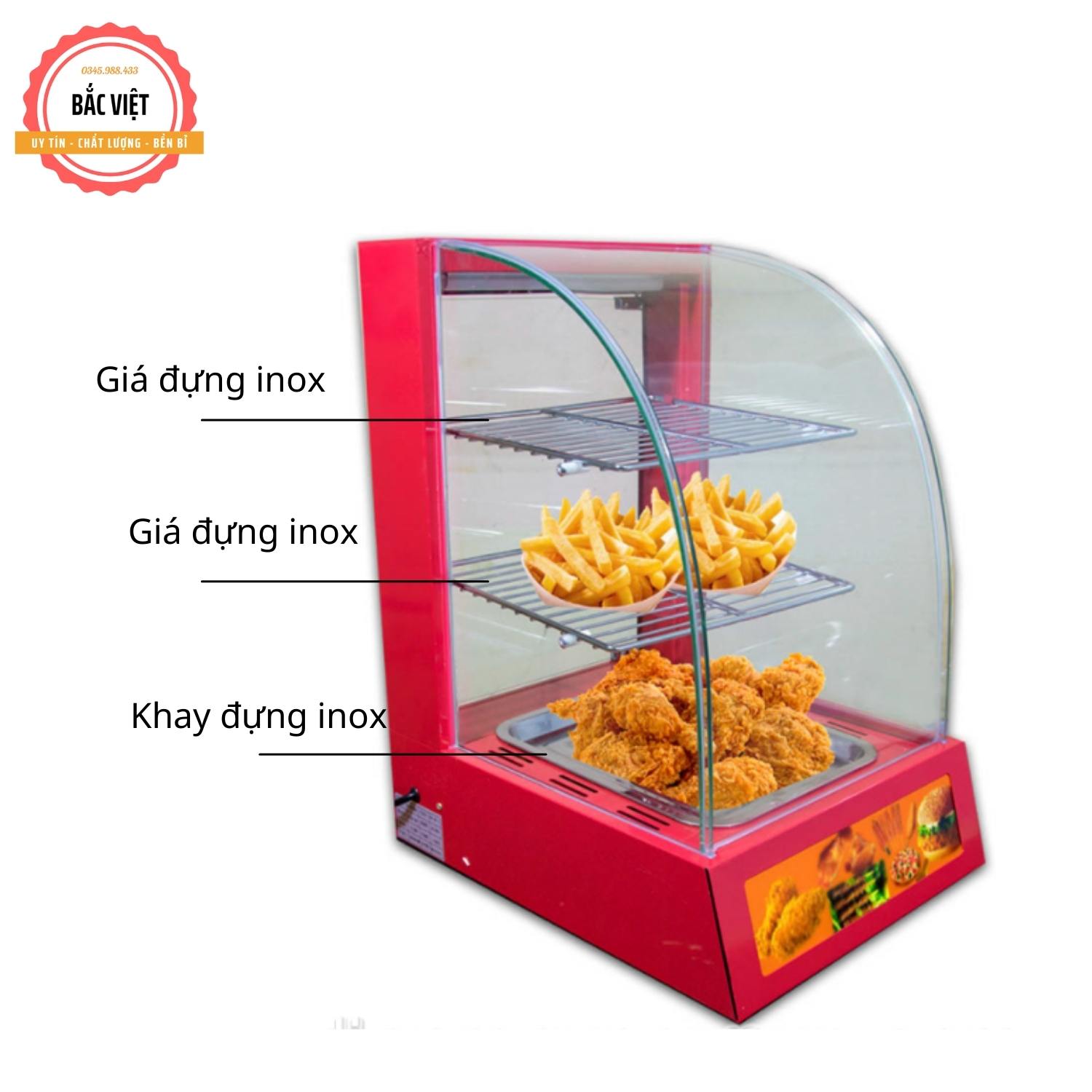 Tủ giữ nóng gà rán , khoai tây chiên , các đồ chiên nóng loại 1 khay màu đỏ