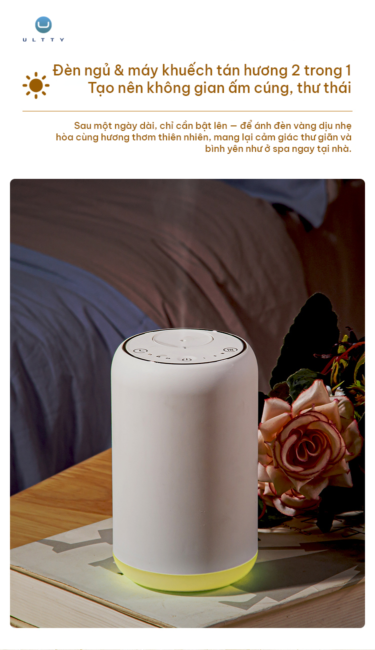 Máy Khuếch Tán Tinh Dầu U ULTTY Aroma – 3 Mức Lan Tỏa Hương, Đèn LED Thư Giãn, Thiết Kế Nhỏ Gọn, Sang Trọng, Tiện Lợi