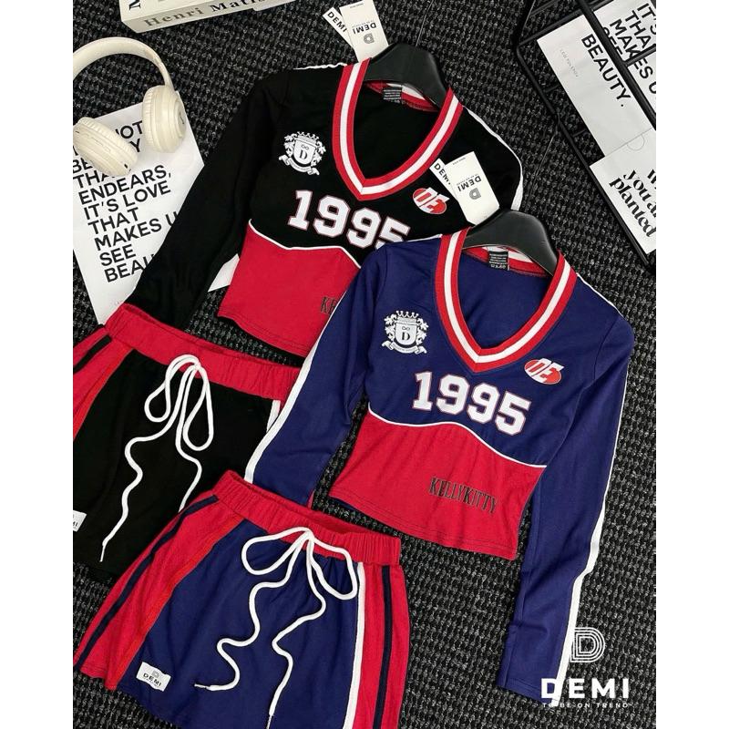 Set áo cổ tim 1995 KellyKitty tay sọc chân váy phối De