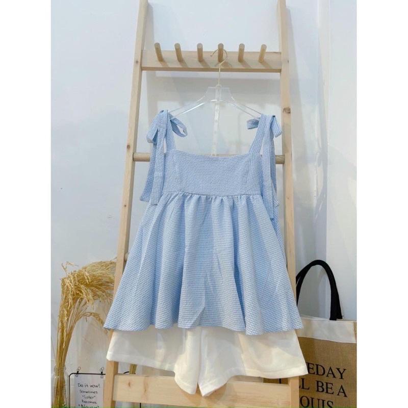 Set Áo Babydoll 2 Dây Kẻ Caro Xanh Xốp Kèm Quần Short Trắng Siêu Xinh. MET SHOP
