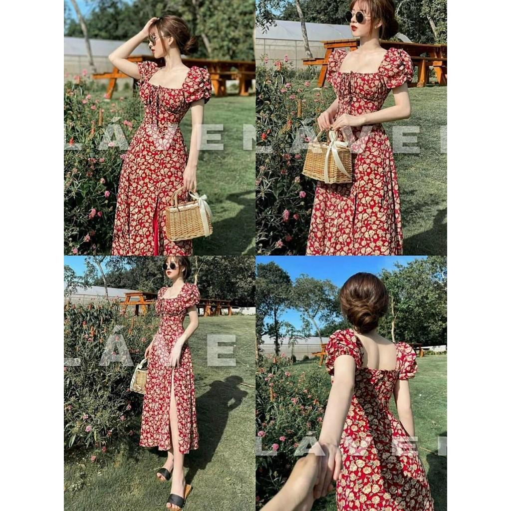 Đầm hoa maxi cổ vuông tay phồng xẻ tà siêu xinh
