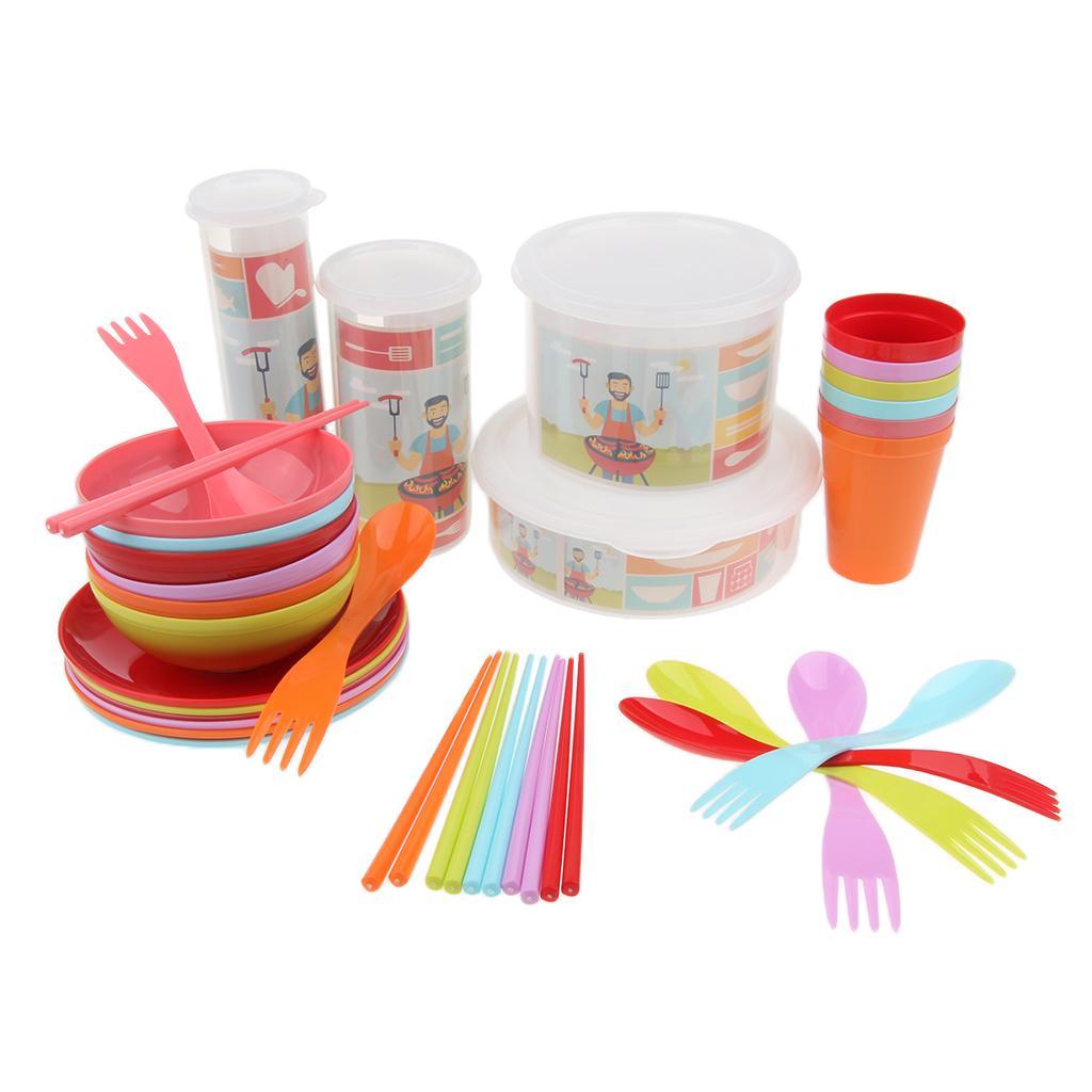 Reusable Plastic Dinnerware Set  – Hard Plastic Plates, Bowls & Cupss – Camping Hiking Picnic BBQ Tableware Set