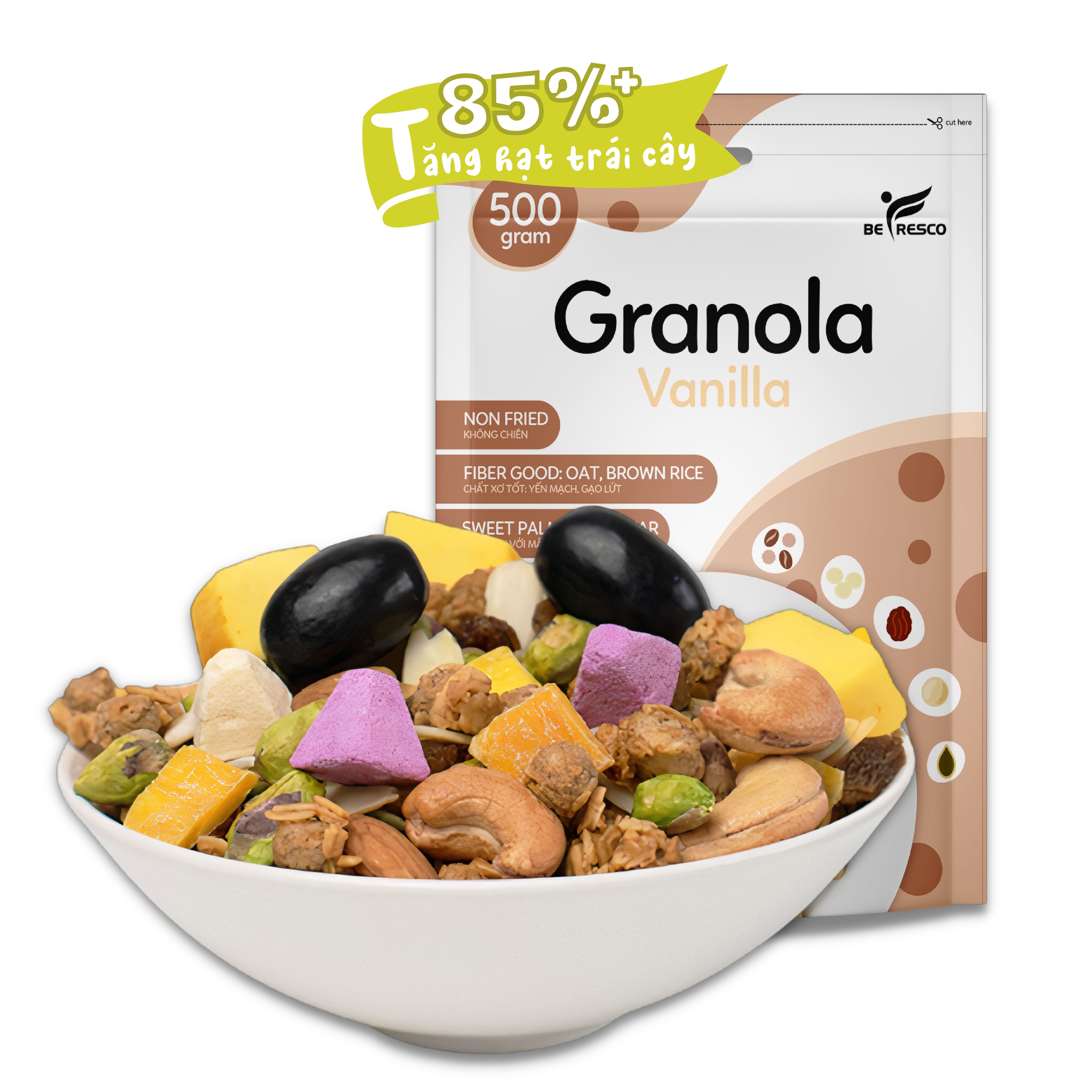 Granola Nhiều Hạt Vị Vani Thêm Viên Sữa Chua Sấy Befresco 500g - Ngũ Cốc Nướng Phồng Ăn Kiêng Dịu Ngọt Từ Mật Thốt