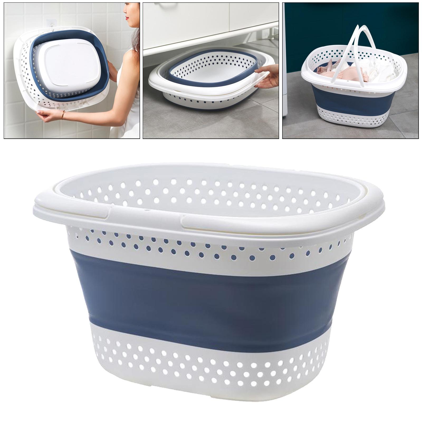 Collapsible Laundry Drain Basket Large Storage Bin with Handles Blue