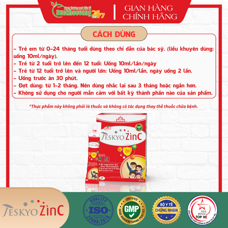 Siro JeskyoZinc bổ sung kẽm hỗ trợ tăng sức đề kháng cho cơ thể khỏe mạnh, giúp ăn ngon - hộp 20 gói x 10ml