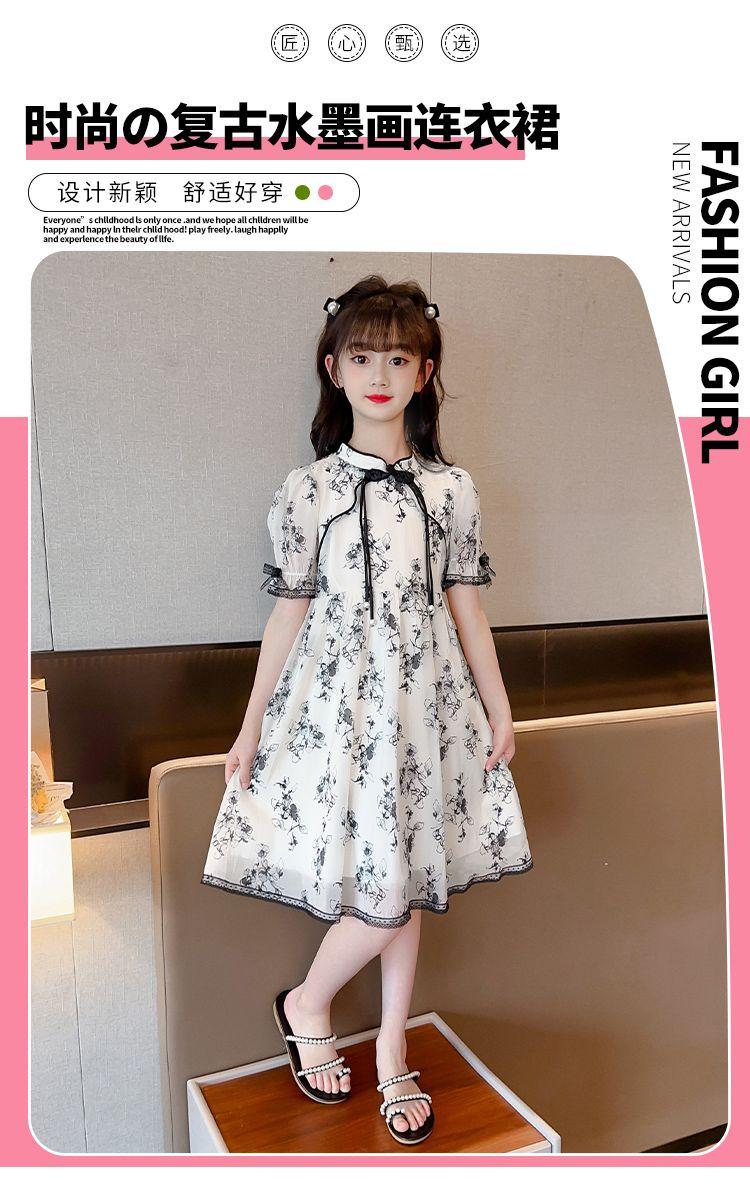 DONGSHOP HOT Cô gái mảnh hoa sườn xám đầm mùa hè 2023 trẻ em tây mùa hè đầm cô gái tay áo ngắn chiffon váy công chúa