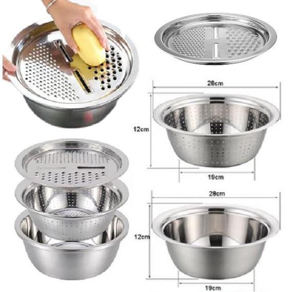 Bộ rổ, chậu kèm nạo rau củ quả inox đa năng 3in1 cao cấp siêu tiện dụng