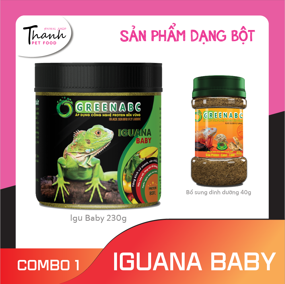 Thức ăn bò sát Iguana Baby - GREENABC dùng cho Rồng Nam Mỹ từ mới nở cho đến 9x – Tăng kích thước, lên màu đẹp, phòng chống MBD, teo đuôi – Hộp 230g