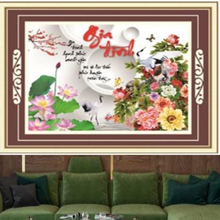 Tranh thêu gia đình hạc hoa sen 53601 - kích thước: 77 * 60cm.